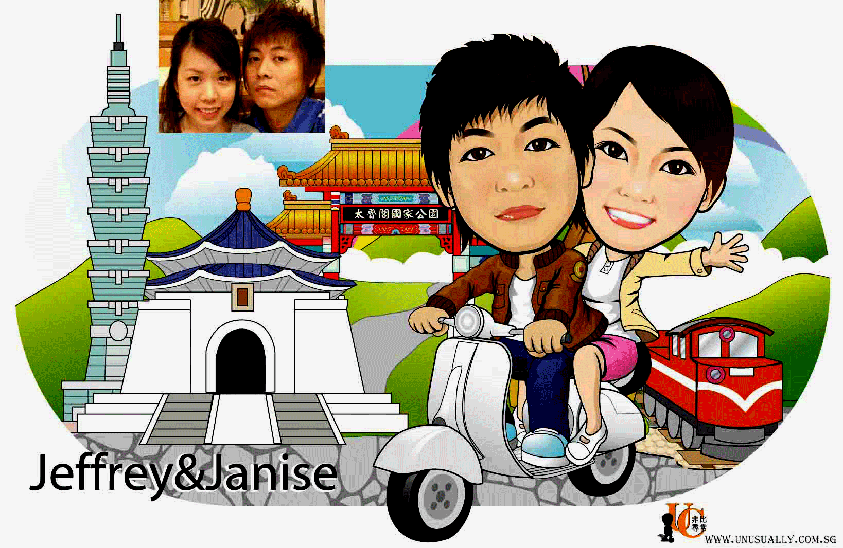 Lovely Couple Touring Taiwan Theme Caricature Drawing